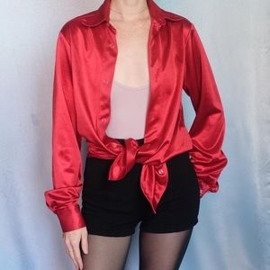 Red satin button down shirt